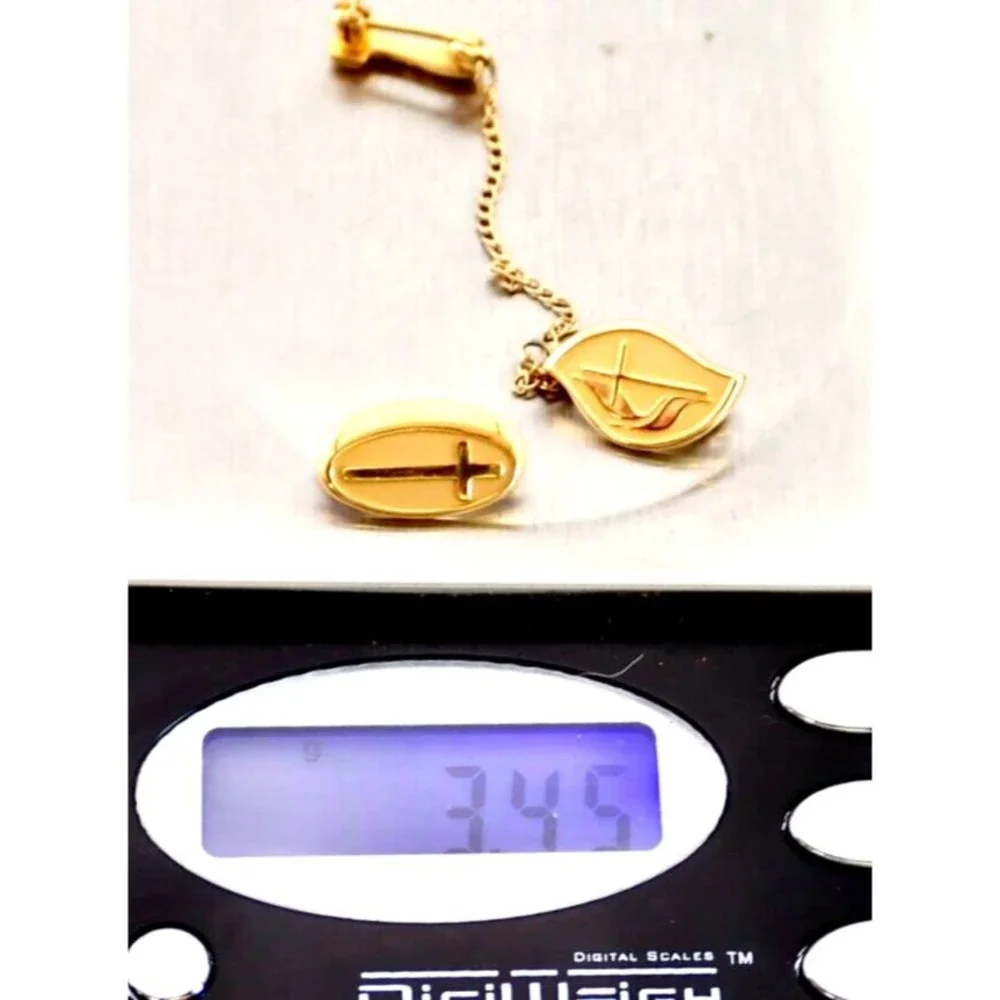 Gold Cross 10K 1/5 Leaf Tie Tack Set of 2 with Gold Tone Cross Leaf with Chain